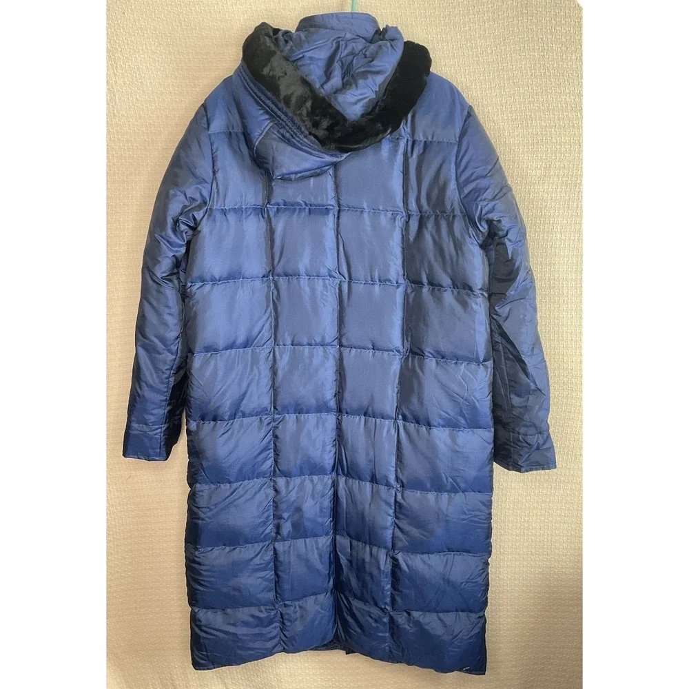 SM2 Womens Size M To L Navy Blue Down‎ Hooded Puffer Long Coat Faux Fur Trim